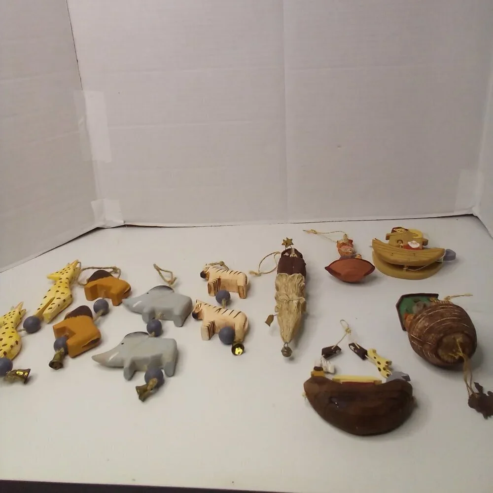 Vintage Wood Noah's Ark Decor Lot Bible Animals Hanging Figures
